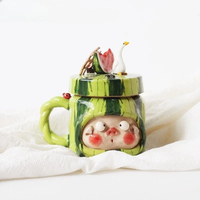 Watermelon pig, cute milk mug mug, coffee funny idea, underglaze color