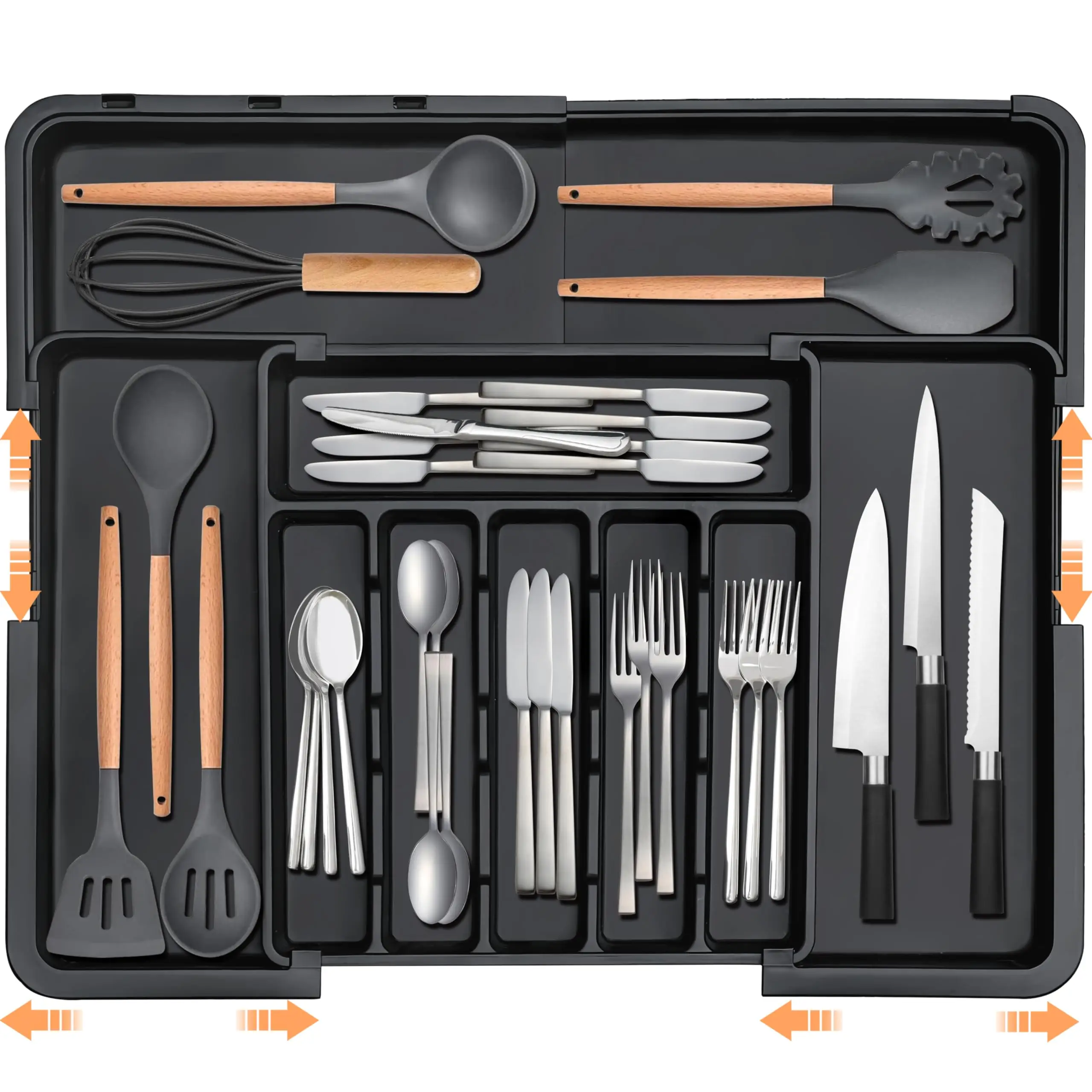 Besteck-Organizer, erweiterbarer Küchenutensilien-Schubladen-Organizer, großes verstellbares Besteck, Besteck-Tablett, Küchenbesteck, Schwarz
