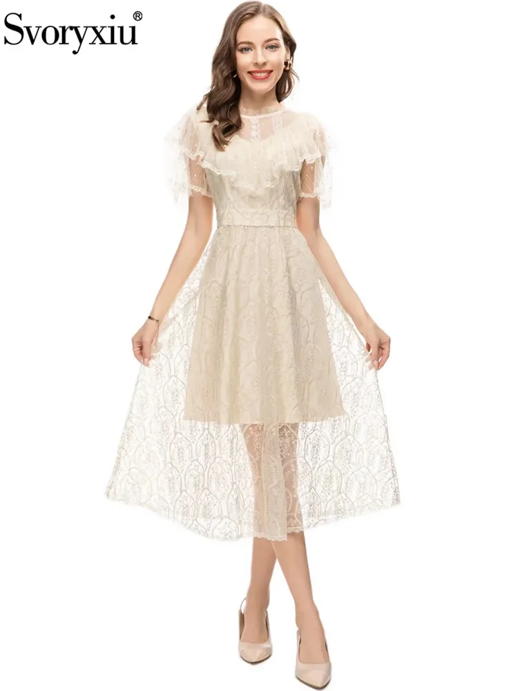 

Svoryxiu Summer Fashion Beige Color Net Yarn Midi Dress Women Flounces Collar Nail Bead Button High Waist Lace Embroidery Dress