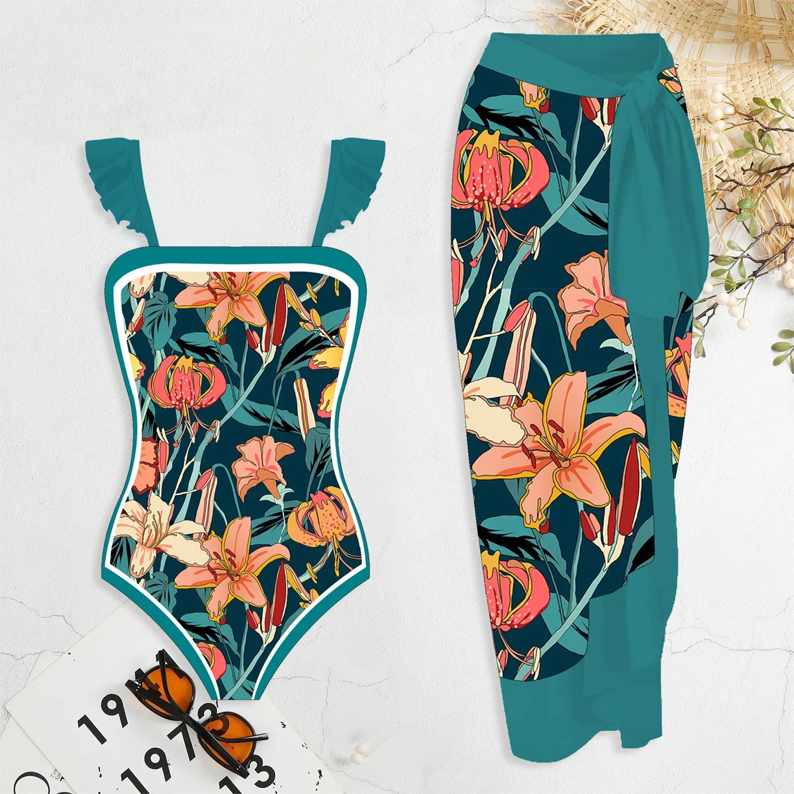 Damskie 1 częściowe stroje kąpielowe + 1 sztuka pokrowiec dwuczęściowy nadruk w stylu Vintage strój kąpielowy Bikini Monokini 2 częściowe stroje