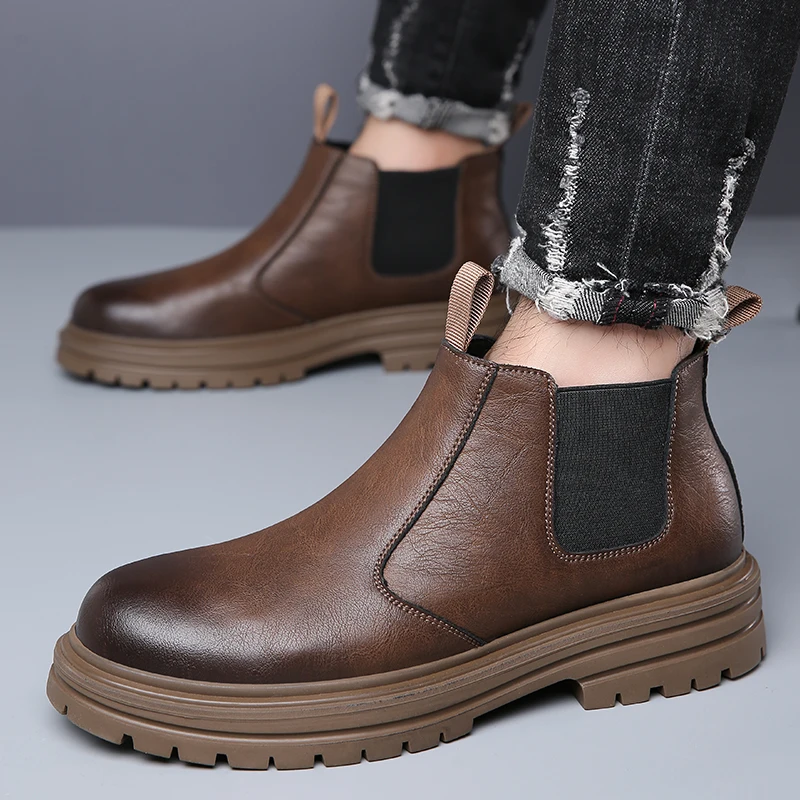 

Brand Men Business Short Boots Fashion Platform Ankle Thick Soled Boots High Quality Leather Boots Slip on Casual Chelsea Shoes