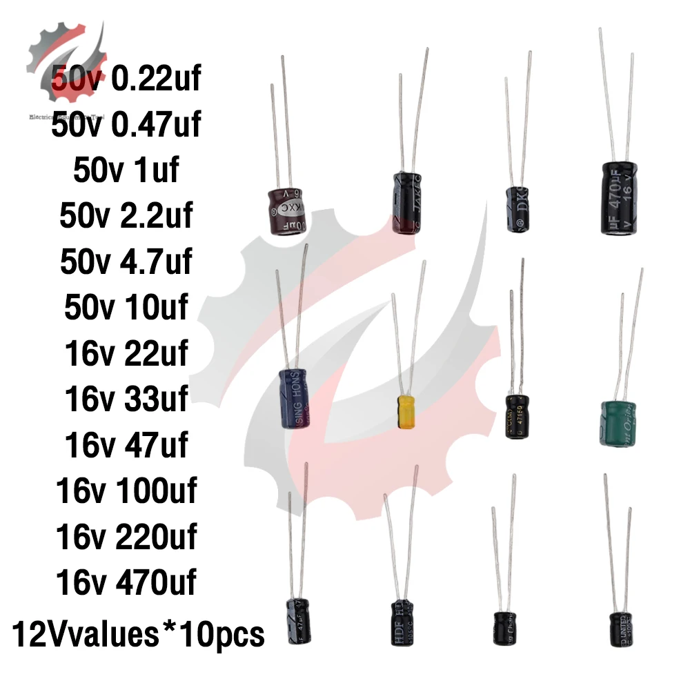 120PCS Aluminum Electrolytic Capacitor Assortment Kit Range 0.22UF~470UF Radial Electrolytic Capacitor 12 Specifications