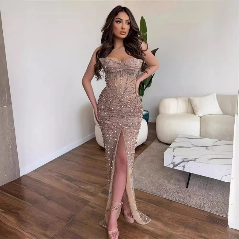 2025New Arrival Sexy Sheer Rhinestone Tassel Rose Gold Sequin Strapless Dress Fashion Socialite Party Gown