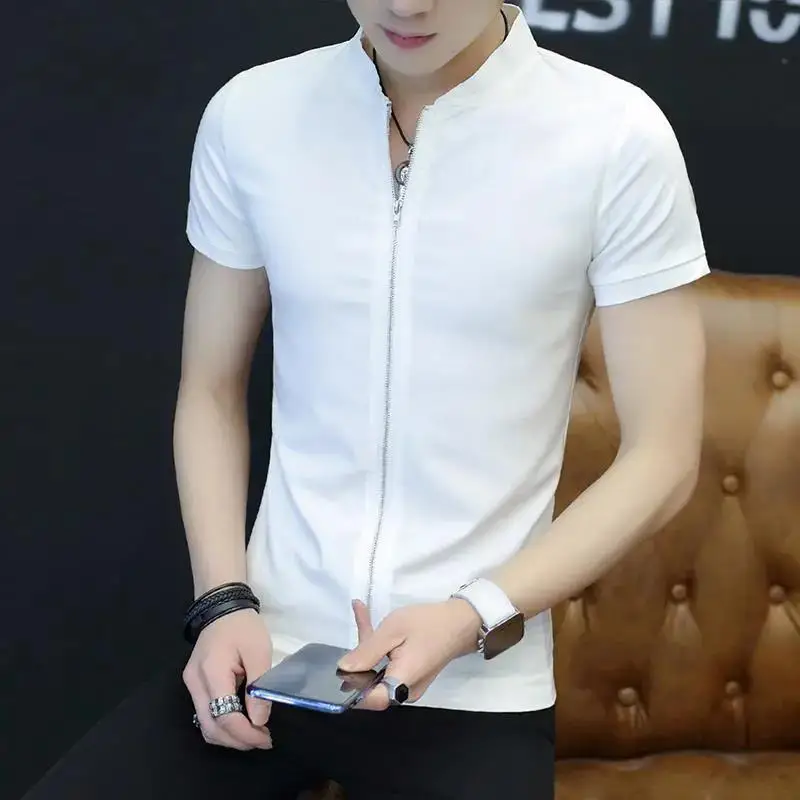

Short-sleeved T-shirt Men Korean Style Slim Ice Silk Summer Thin Cardigan Top