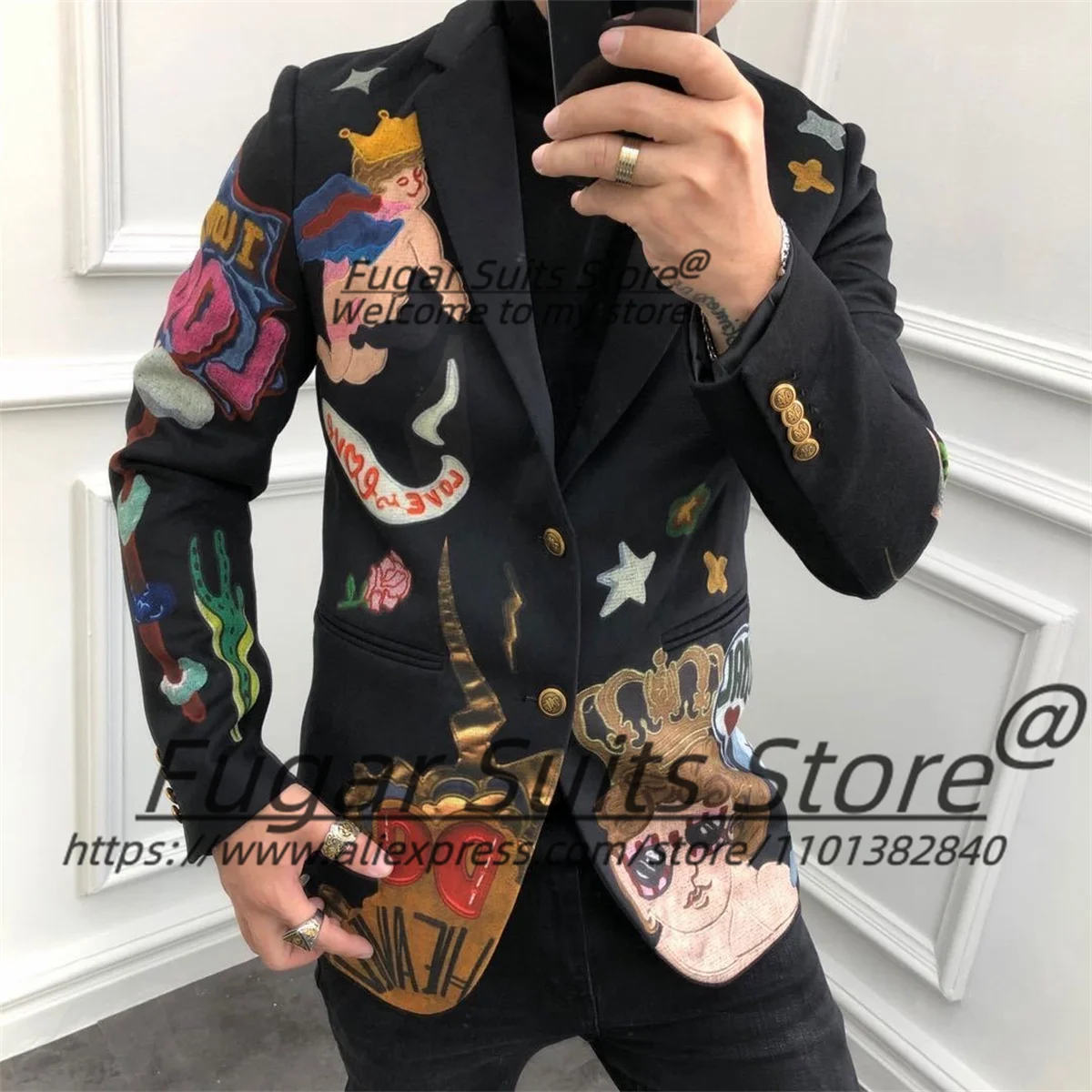 Cute Cartoon Pattern Party Men Suits Slim Fit Notched Lapel Groom Wedding Tuxedos 2 Pieces Sets Fashion Male Blazers Ropa Hombre