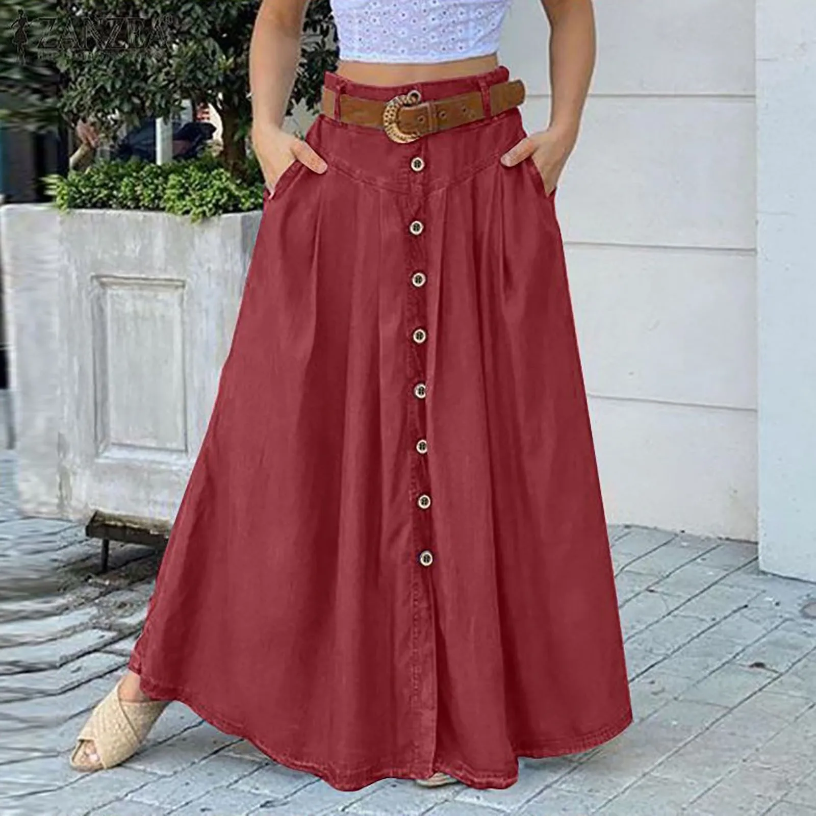 Bed Skirt Full Women's Spring And Summer Casual Loose Solid Color A Line High Waist Skirt With Pocket Buttons Colorful Skirt