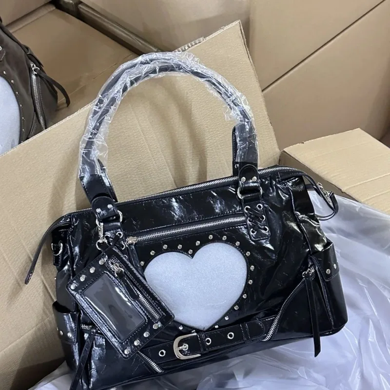 

Motorcycle Bag Handheld Rivet Head Layered Oil Wax Cowhide Crossbody Women's Bag Cool And Spicy Girl Retro Style Tote Bag