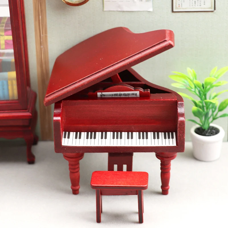 1Set 1:12 Dollhouse Miniature Piano with Chair Simulation Grand Piano Model Living Room Ornament Decor Toy Accessor