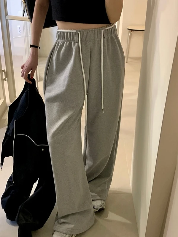 하이 웨이스트 끈 팬츠 여성용 시크한 가을 겨울 패션 디자인 루즈 와이드 레그 팬츠 롱 트라우저