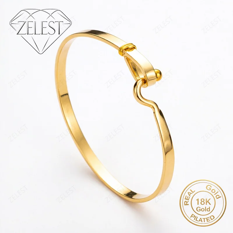 925 Sterling Silver 18K Gold Plated Wave Buckle with Fine Finish Bangle Women's Stylish and Glamour Party Jewelry Gift Accessori