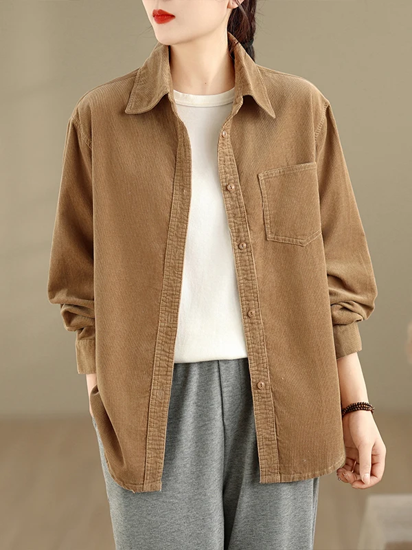 

Ретро-рубашка-куртка из вельвета с длинным рукавом и отложным воротником, удобная, дышащая, женская, весенне-летняя модная верхняя одежда