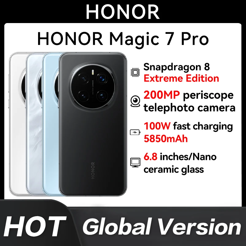 새로운 오리지널 글로벌 버전 Honor Magic 7 Pro Snapdragon ®   8 엘리트 6.8인치 1280 x 2800 OLED 50MP*3+200MP 100W 5270mAh NFC 명예