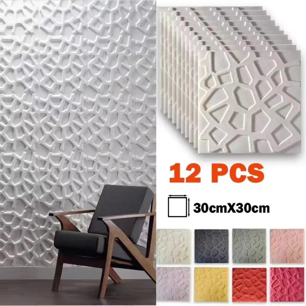 12PCS Self Adhesive 3D Foam Wallpaper Thickened Waterproof Wall Stickers for Living Room Bedroom Kitchen Bathroom Decoration
