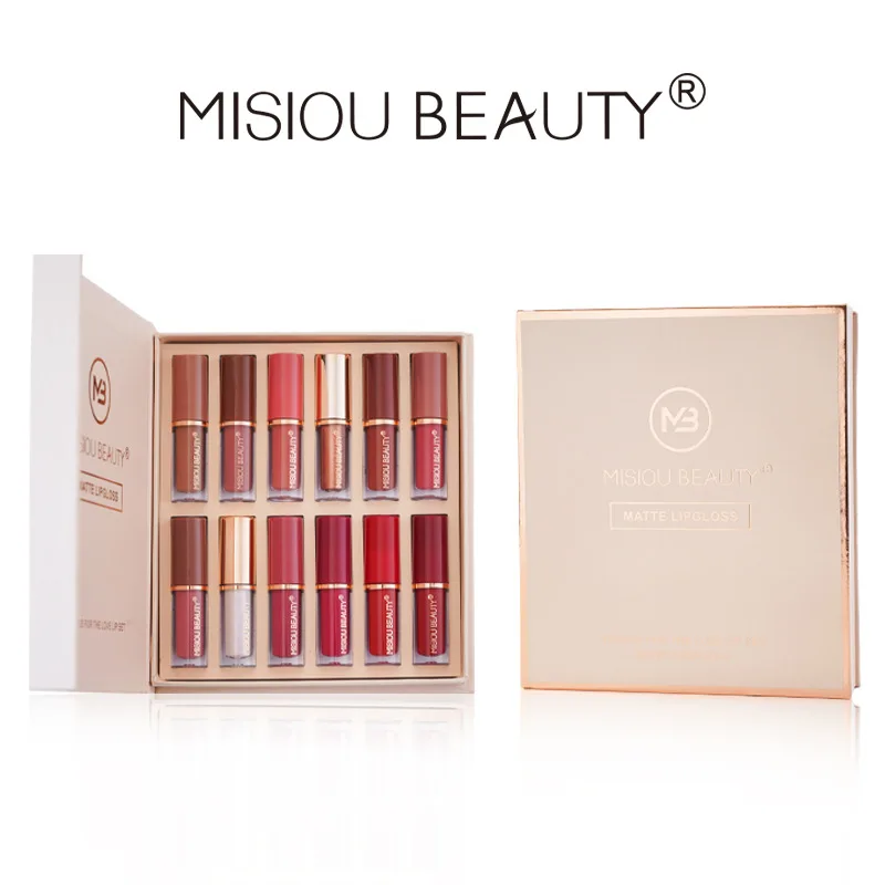 12-Color Lip Gloss Lipstick Set Liquid Matte Pearl Women's Makeup Long-Lasting Waterproof Non-Stick Cup Non-Fade