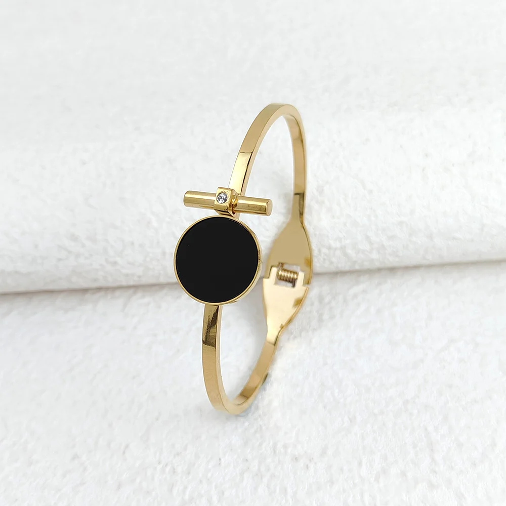 

New Black Disc Zircon Bangles for Women Stainless Steel Gold Plated Jewelry Simple Spring Buckle Cuff Bracelet Mother's Day Gift