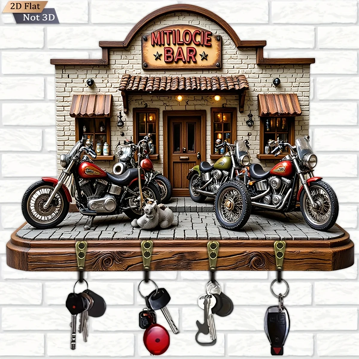 2D Flat. 1pc, Motorcycle Bar Key Hook, Wooden Multi-Functional Home Key Hanger, with Four Metal Hooks, Wall Decoration, Porch