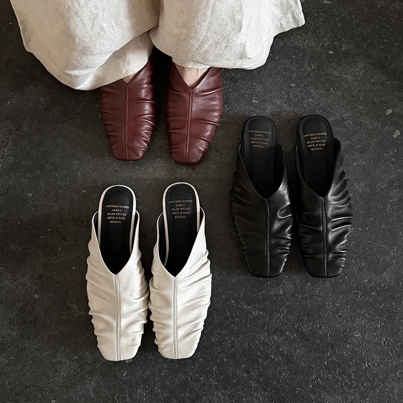 

Women's new spring and summer square toe genuine leather sheepskin low heel breathable pleated toe Mueller fashion slippers