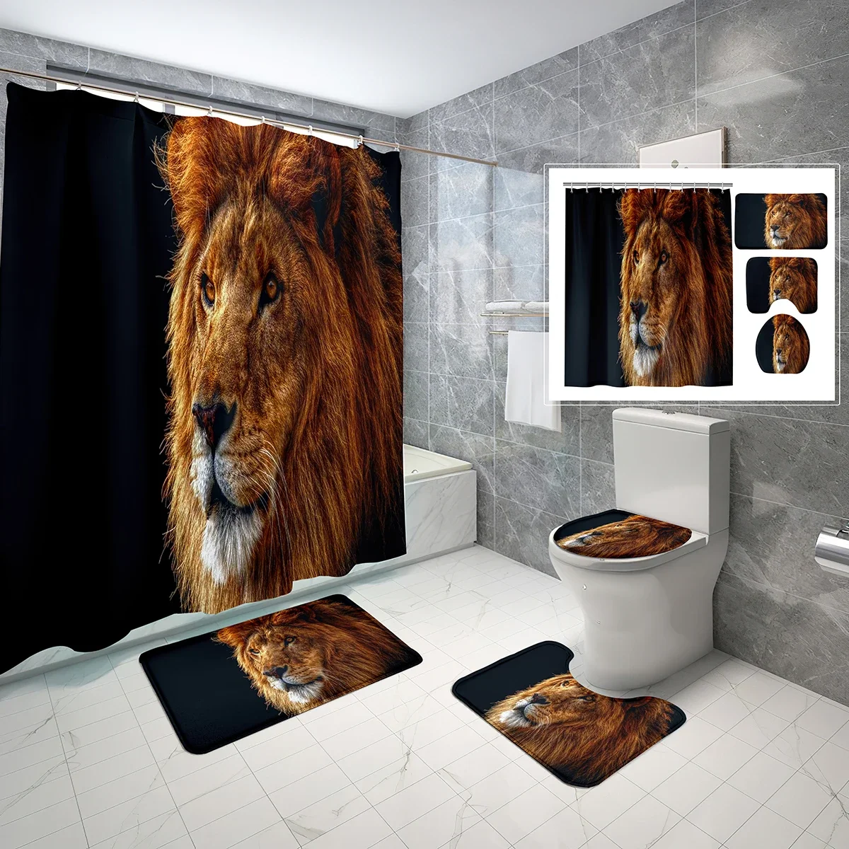 4 Pcs Lion Shower Curtain Set Dark Huge Lion Head Shower Curtain Bathroom Non-Slip Bath Mat Toilet Cover Shower Curtain Set