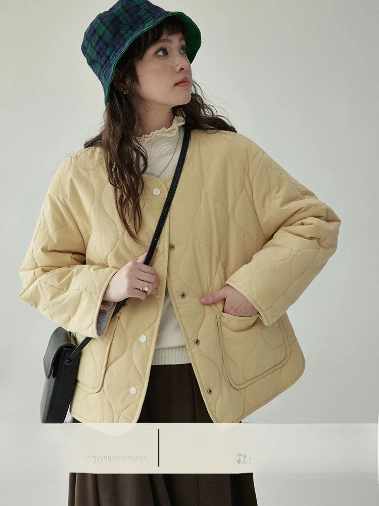 AMUU Original Korean Style Short Lightweight Bread Coat round Neck Two-Sided Wear Diamond Pattern Cotton Jacket for Women