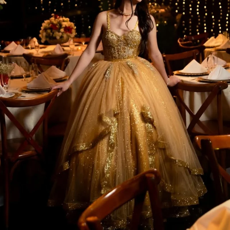 

Shiny Golden Dresses off-shoulder Crystal Glitter Decal Lace Layering Long tail Vestido De 15 Quinceanera Customize