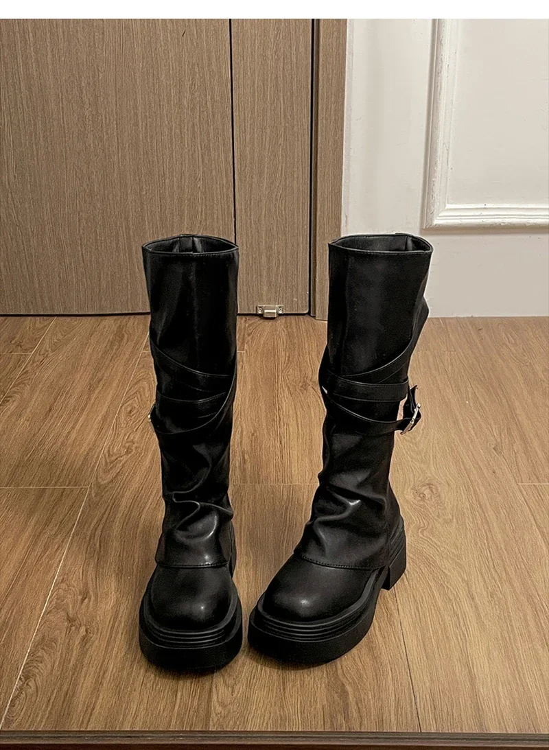 Vintage Damenstiefel mit Dickem Absatz, Modische Slip-On Kniestiefel für Herbst und Winter, Zapatos De Mujer – Detail 14