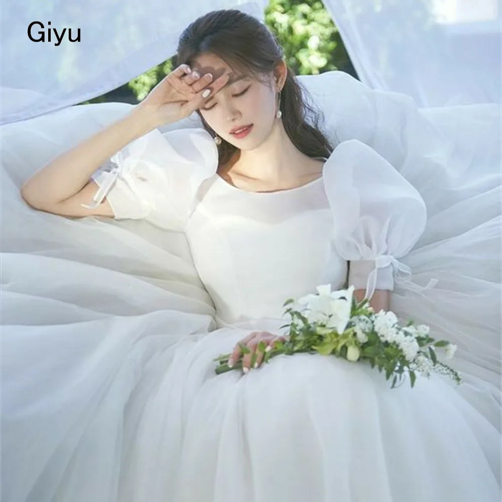 

Giyu Simple A-line Bow Korea Wedding Dress Photoshoot O-Neck Draped Floor-length Evening Gown Dress Bridal Gown 웨딩드레스