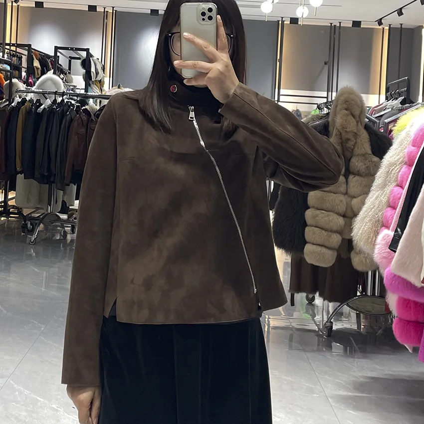 JANEFUR Giacca da donna primavera chic marrone corta in vera pelle di pecora autunno soprabito in vera pelle JFB6-25003