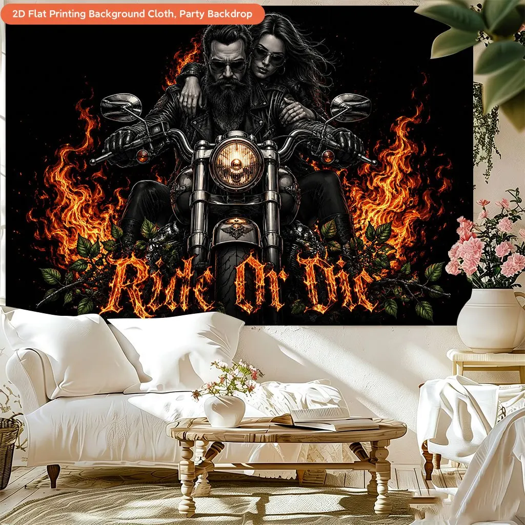 Ride Or Die Motorcycle Tapestry, Biker Couple Art Wall Hanging,  Skull Chopper Decor, Gothic Rock Bedroom Cloth, Cool