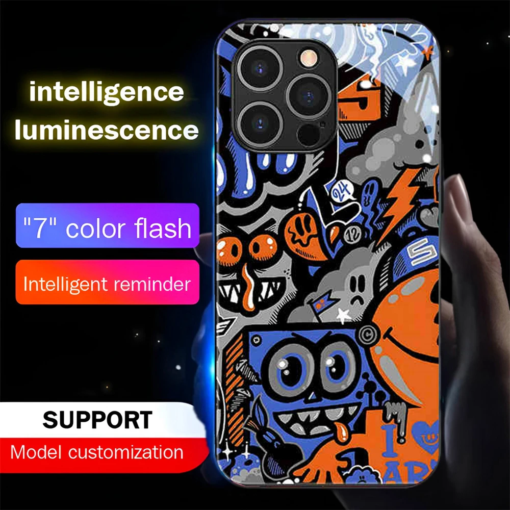 All Saints' Day Graffiti Design Luminous Glass LED Call Light Up Flash Phone Case For Samsung S24 S23 S22 S21 S20 FE Plus Ultra