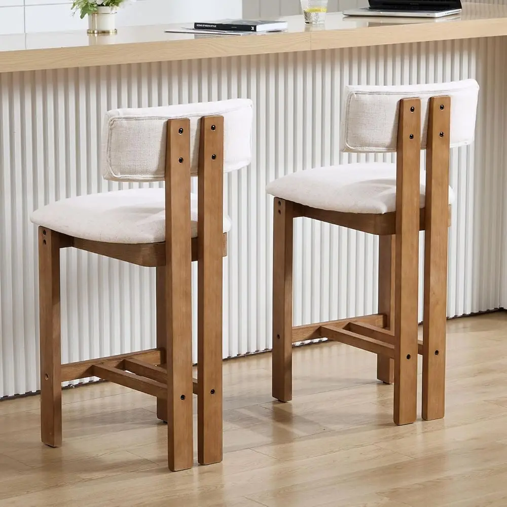

Комплект из 2 льняных барных стульев цвета слоновой кости с деревянным каркасом и подставкой для ног для кухонного острова/домашнего бара