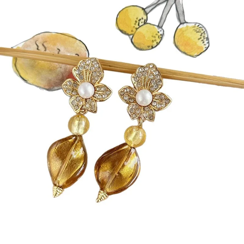 VKVVA مجوهرات الأزياء زهرة اللؤلؤ الليمون الأصفر الأقراط الطويلة للنساء هدايا عيد ميلاد، هدية فريدة من نوعها #5