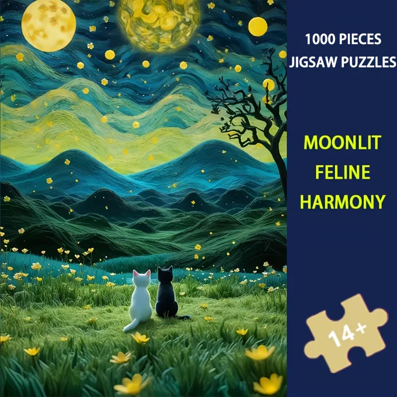 

1000 шт. 70x50 см Moonlit Feline Harmony Пазл Nocturnal Cat Art для взрослых и коллекционеров, домашний декор стен и подарок для любителей кошек