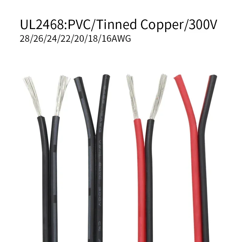 

5m/10m/20m UL2468 2 Pins Electrical Wire 16/18/20/22/24/26/28/30 AWG Gauge Tinned Copper Insulated PVC Extension LED Strip Cable