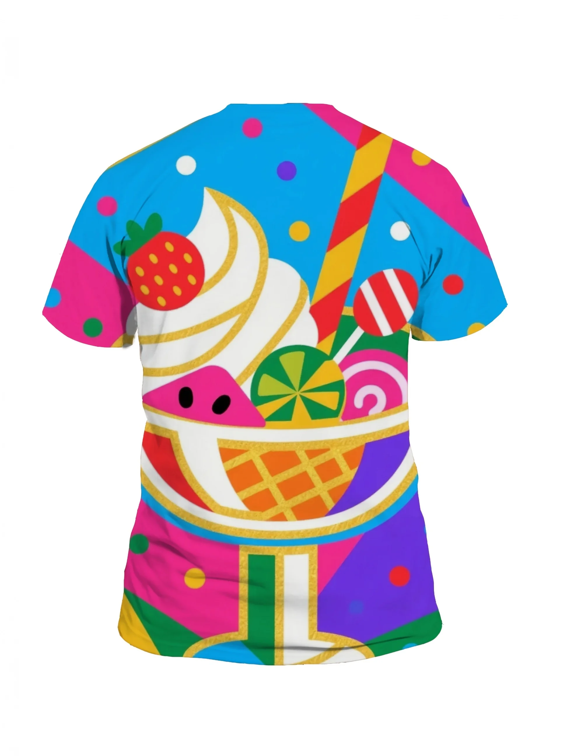 Men Colorful Geometric Splice Ice Cream Sundae Strawberry Lollipop Candy Dot Print Short Sleeve Crew Neck Casual T-shirt