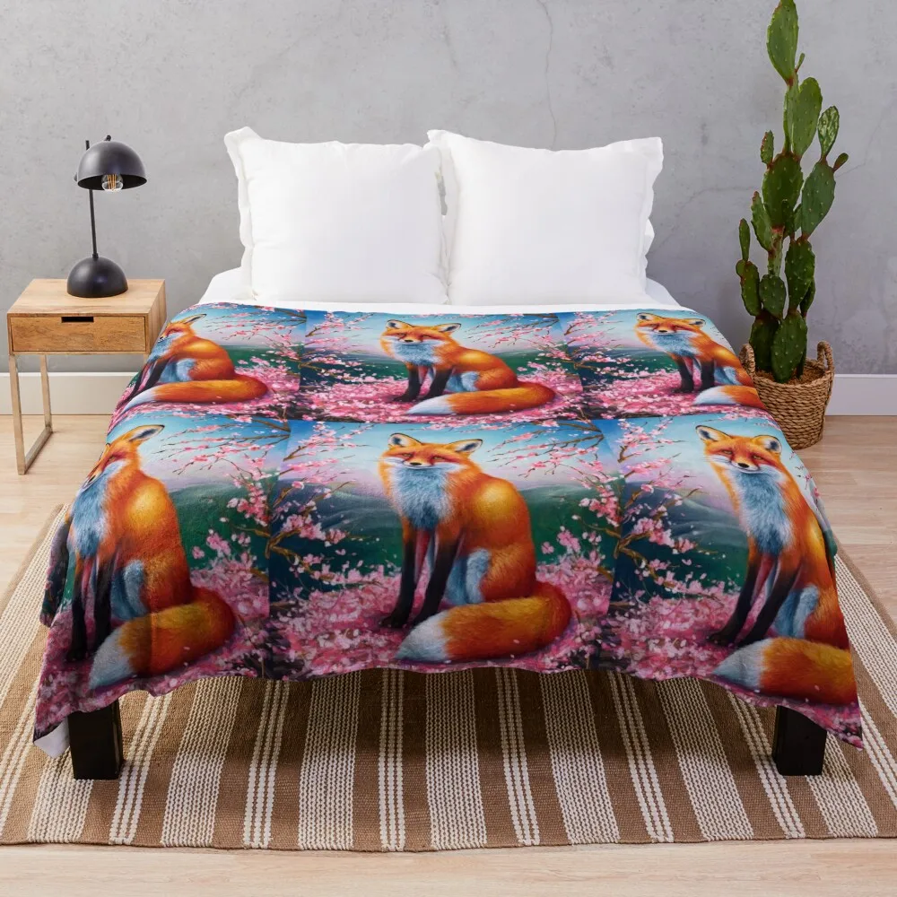 

Fox Portrait. Fox with cherry blossom, fox painting, Leonardo da Vinci style Throw Blanket Soft Beds Shaggy bed plaid Blankets