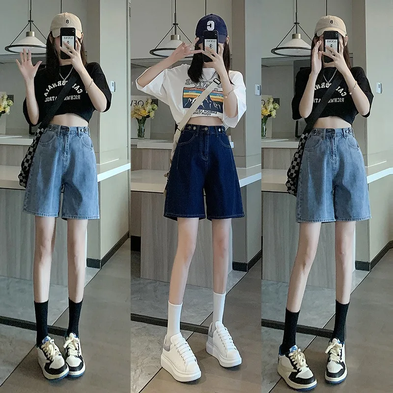 

Deep Blue Denim orts Women's High Waist Straight Leg Five-Quarter Length Summer Casual Student Faion Hong Kong Sle Design