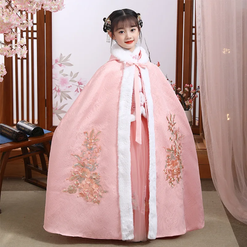 

Winter Cotton Embroidered Cape Kids Cotton-padded Clothes Traditional Hooded Shawl Children Chinese Lovely Ancient Hanfu