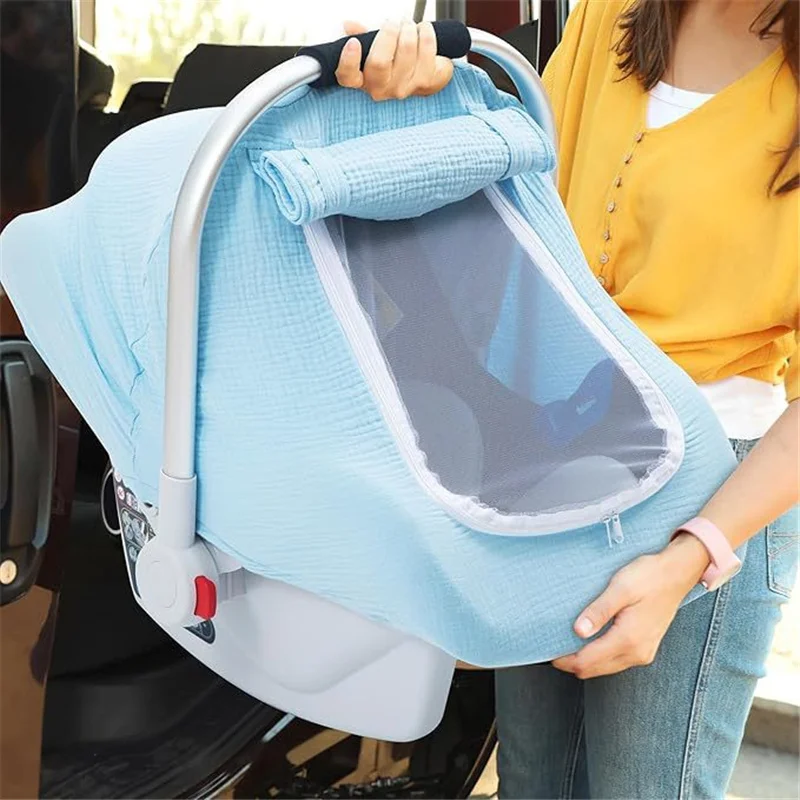 Muslin Cotton Baby Car Seat Cover With Mesh Peep Window Infant Stroller Seat Covers Canopy For Wind Sun Bug Protection