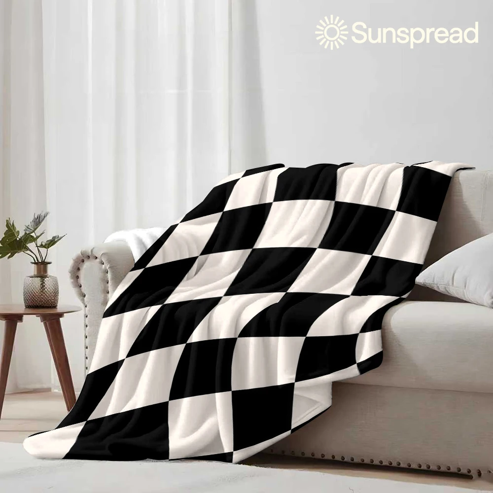 Wavy Square Black White Ultra-Soft Fluffy Flannel Blanket Super Cozy Lightweight Bed Blanket for Halloween Sofa Bed Christmas