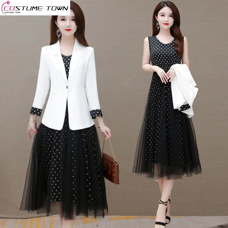 

Summer New Flipped Print Thin Jacket Blazer Dotted Hollow Lace Dress Two Piece Elegant Women's Dress Set Office Outfits