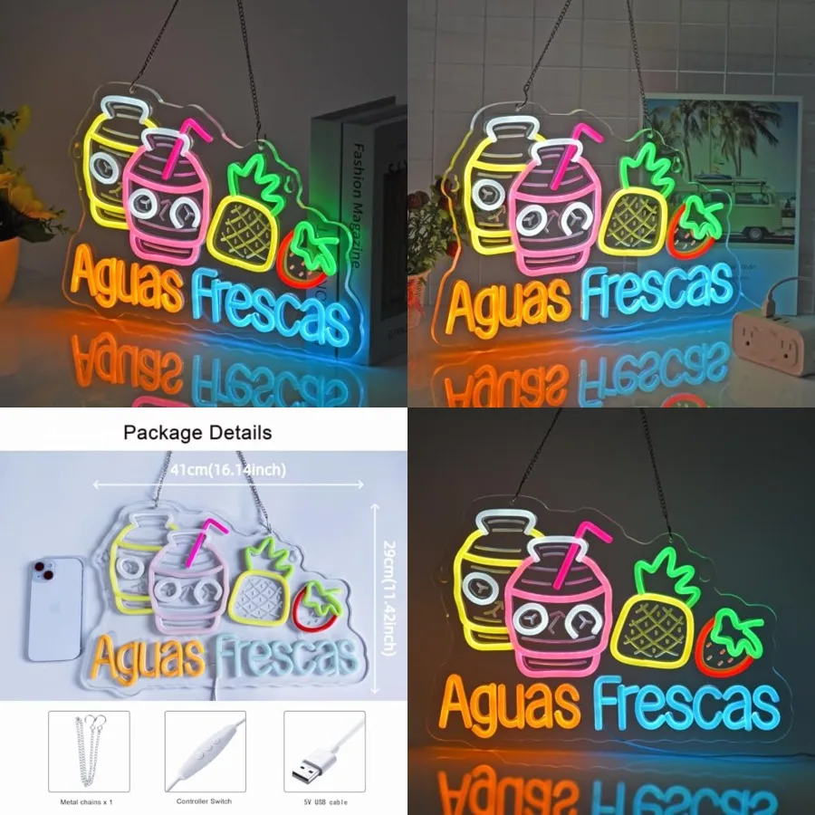 Aguas Frescas Neon Sign, Neon Lights Hanging Wall Art Decoration for Restaurant Store Food Stand Shop Bar Pub Market Party Home