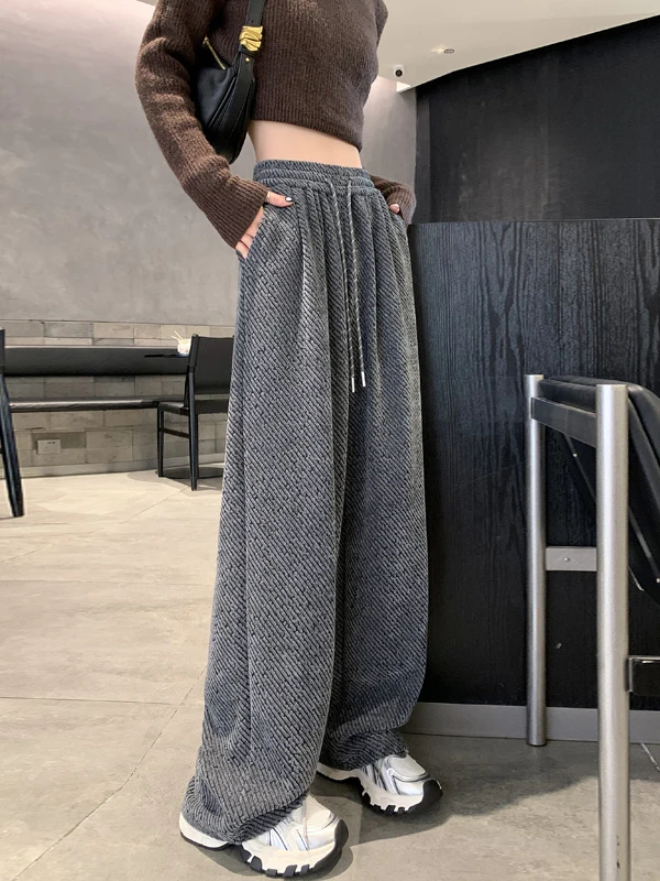 กางเกงขายาวทรงขากว้างผู้หญิง สไตล์ลำลอง สำหรับฤดูใบไม้ร่วงและฤดูหนาว รุ่นใหม่ เอวยางยืดสูง ผ้าถักโพลีเอสเตอร์ผสมสแปนเด็กซ์