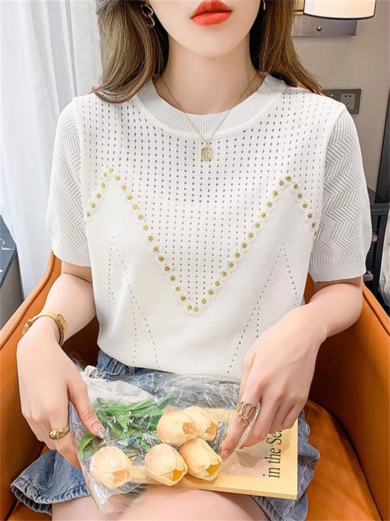 Summer New Color Contrast Short sleeved T-shirt Women\'s Round Neck Hollow Knitted Shirt Women\'s Top 69003