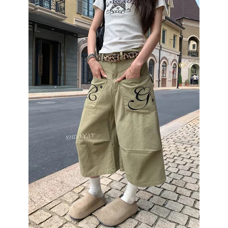 

ZHIZOU Summer Women American Retro 2000s Jorts Apricot Cargo Shorts Y2K Wide Fit Harajuku Korean Embroidery Pants Japanese Punk
