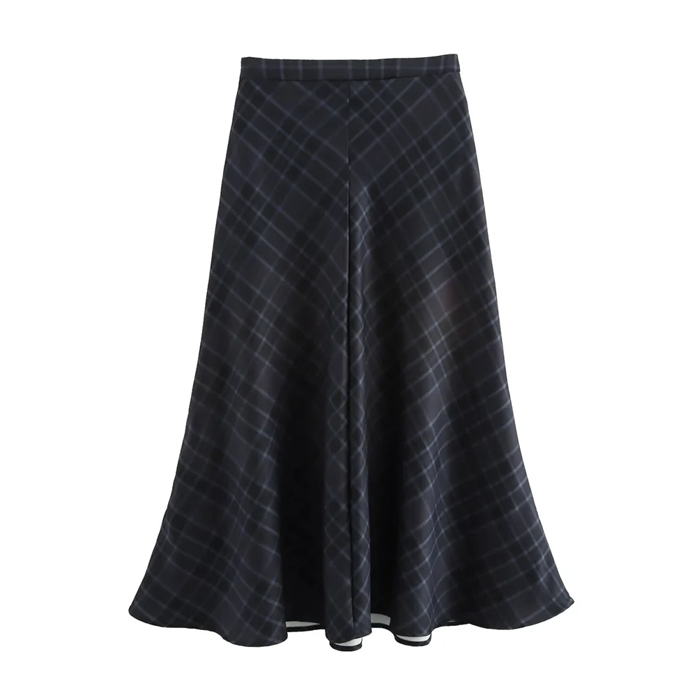 BMURHMZA Autumn New Product Women\'s Fashion Style Versatile Mid Waist Checkered Printed Half Skirt High Waist Long Skirt