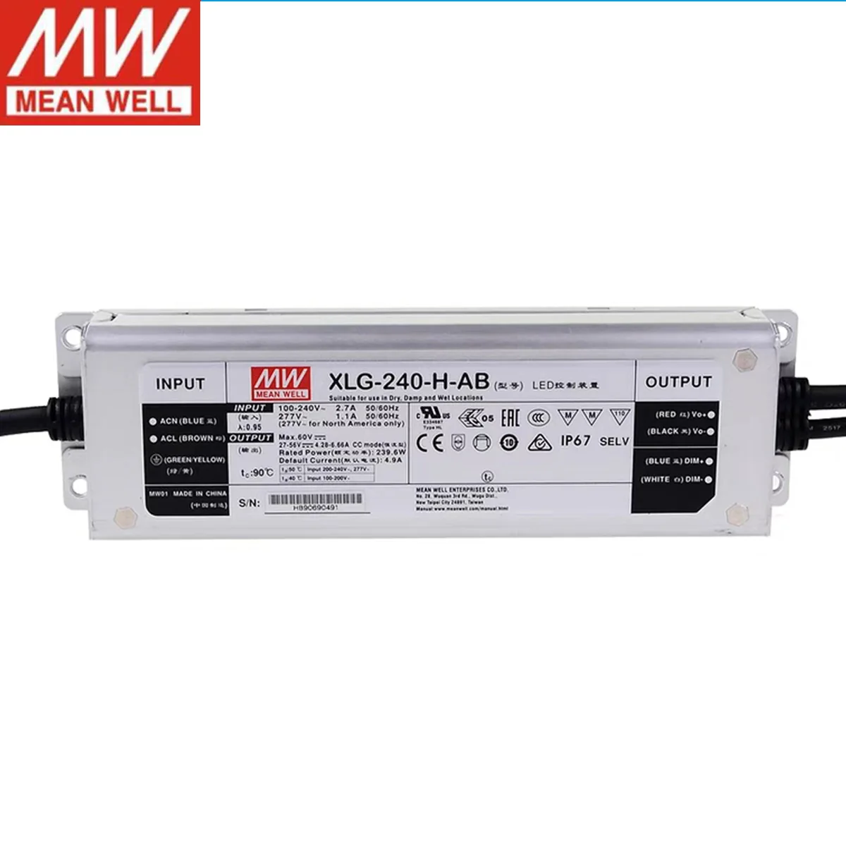 MEANWELL XLG-240-H-AB Constant Power Mode LED lighting Driver Buit-in active PFC  AC-DC water proof  IP67 dimming function