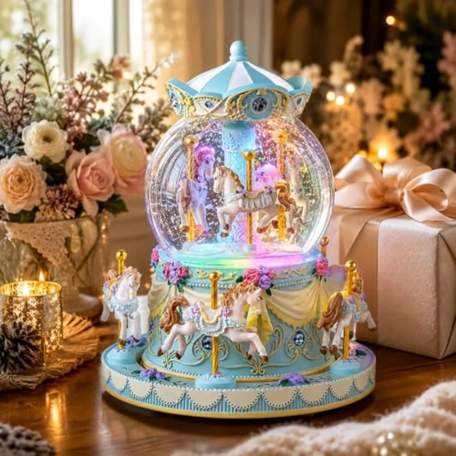 Blue Carousel Snow Globe Music Box with LED Lights, Rotating Horse Merry Go Round, Wind Up Musical Snow Globe Plays You are My
