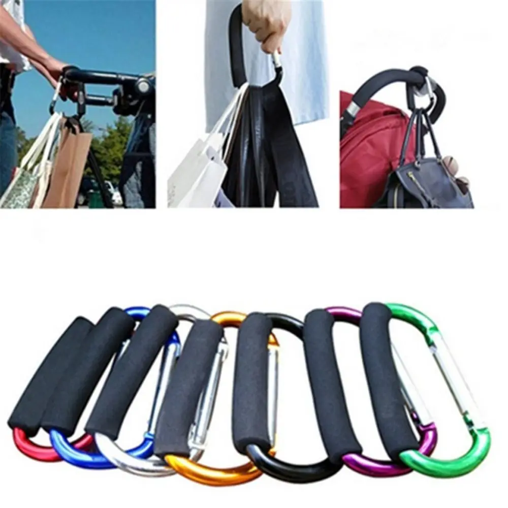 

2Pcs Multifunction Baby Stroller Hook Sponge Handle Aluminum Alloy Carriage Hanger D-Ring Soft Grip Shopping Bag Clip Hooks