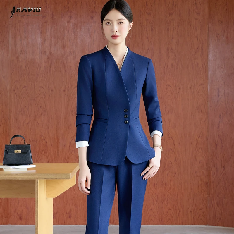 

NAVIU Fashion Women Navy Blue Suit New Autumn Temperament V Neck Business Formal Slim Blazer and Pants Office Ladies Work Wear