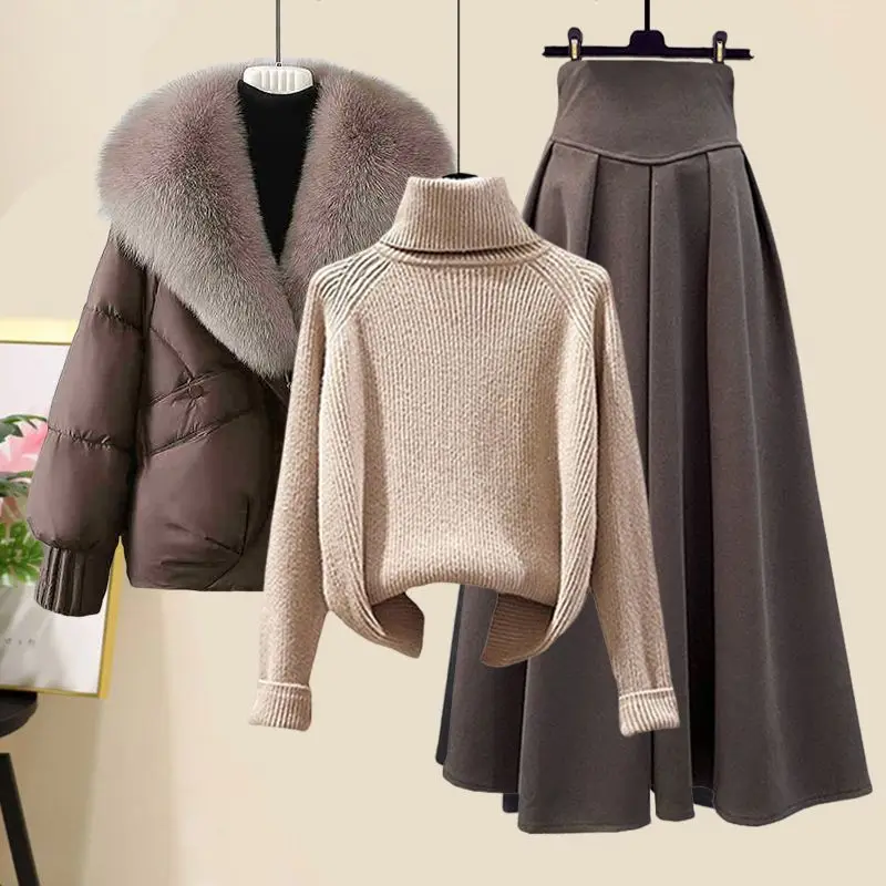 

Утепленный хлопковый комплект из двух предметов: теплая вязаная кофта и юбка с высокой талией для женщин больших размеров, осенне-зимний модный наряд